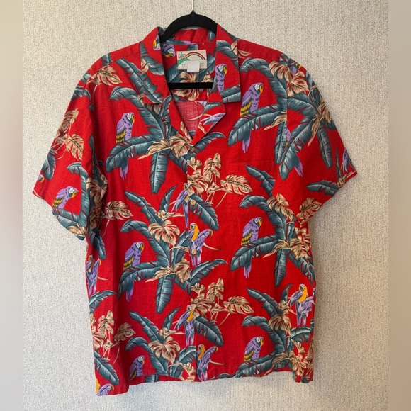 PARADISE FOUND Men Size XL Vintage PARROTS Hawaiian‎ Aloha Shirt Red Button Down - Picture 1 of 7